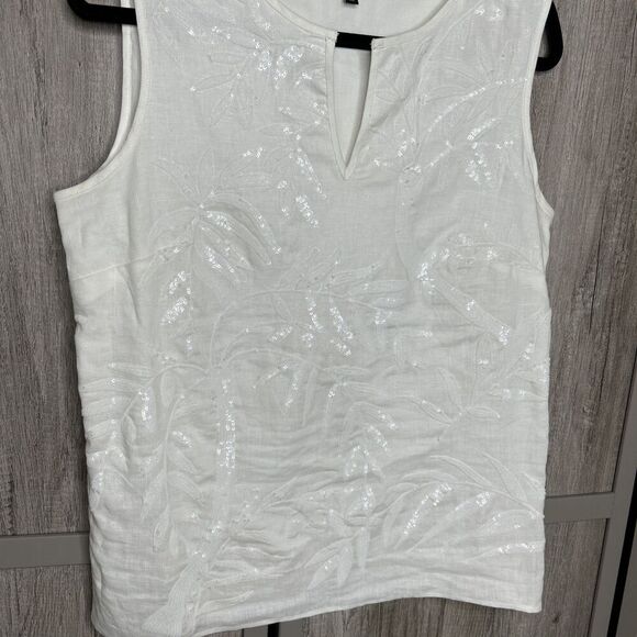 Talbots Sleeveless Top Linen Sequins Tropical Size Zip White Color Sz 10 - Picture 5 of 9